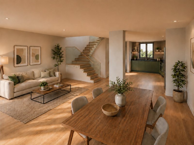 Salón comedor concepto abierto con escalera vivienda Borox Toledo